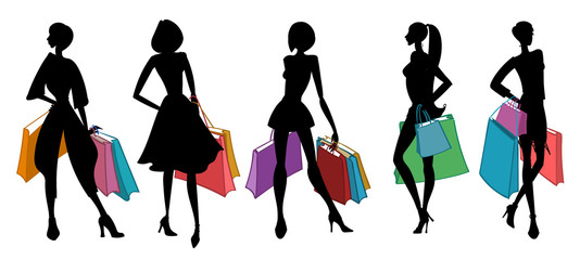 Silhouettes of women with shopping bags. Vector illustration.