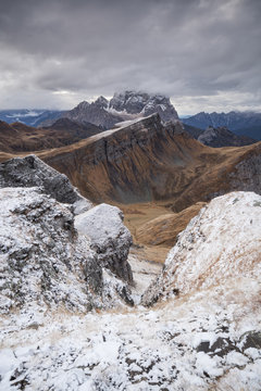 Europe, Italy, Veneto, Belluno. Wide view of  Mondeval  with the mount Corvo Alto and Pelmo in the background. Cadore, Dolomites