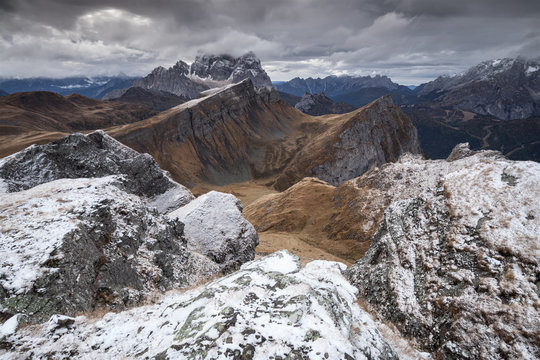 Europe, Italy, Veneto, Belluno. Wide view of  Mondeval  with the mount Corvo Alto and Pelmo in the background. Cadore, Dolomites