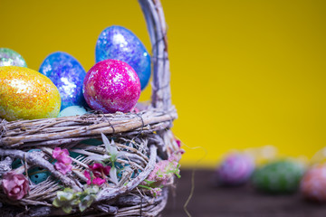 Easter eggs on wooden background