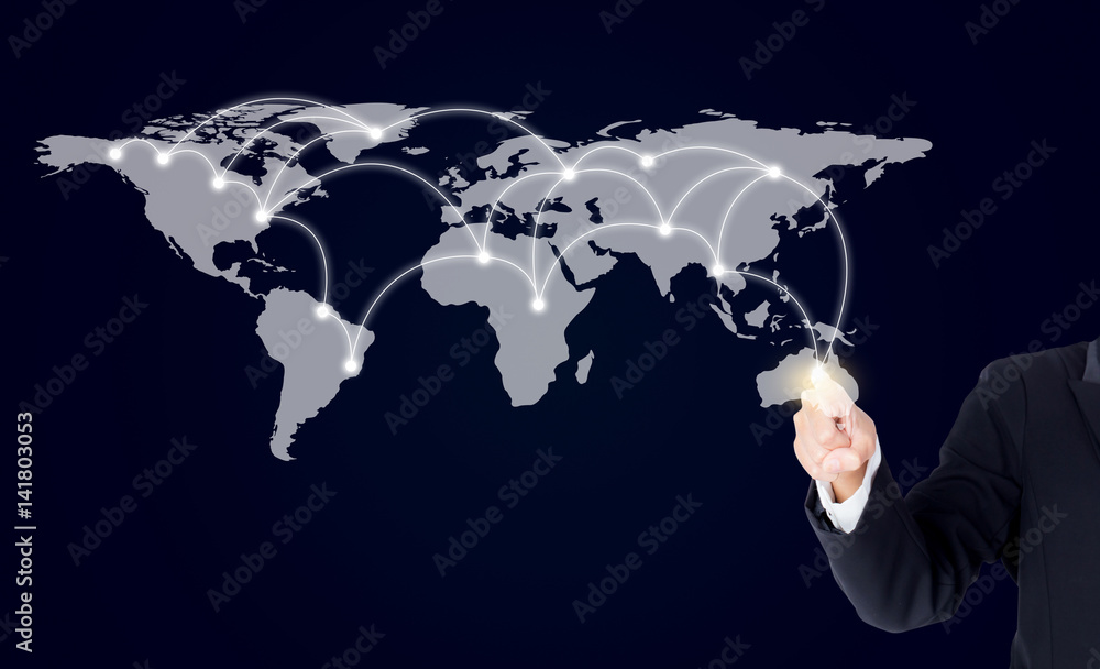 Poster businesswoman pointing with digital network line and circles - elements of this image furnished by n