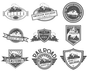 Vector vintage steam train set for logo templates, badges, emblems, promotion, isolated on white background
