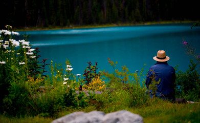 Man in Straw Hat From Behind, Lake