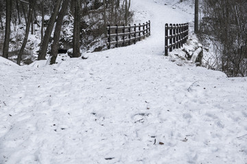 Naklejka premium Mountain trail path and bridge in a snowy landscape