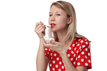 Sugar addiction , Dieting concept. Metaphor shows woman eating too much sweets