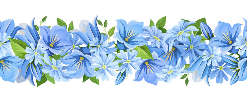 Vector horizontal seamless border with blue flowers.