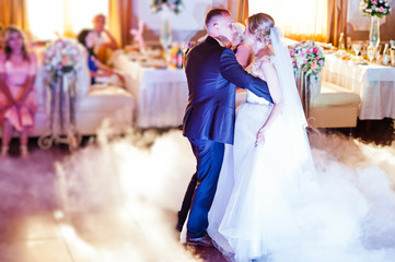 Amazing first wedding dance with fog smoke at dancefloor and various lights.