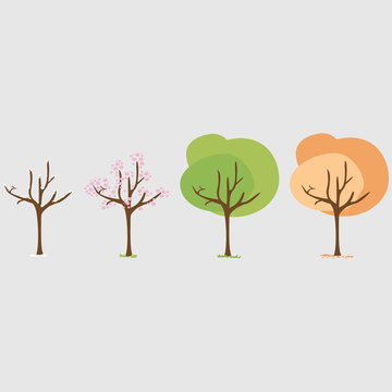 Four seasons - spring, summer, autumn, winter. Art tree. Tree at four seasons. Trees with green, yellow and orange leaves. Tree without leaves at winter. Vector illustration