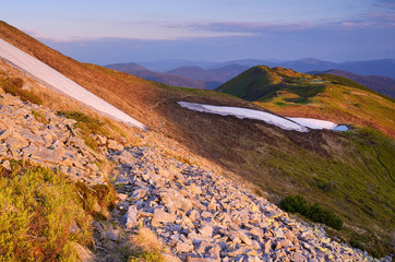 Spring landscape in the highlands in the evening sun