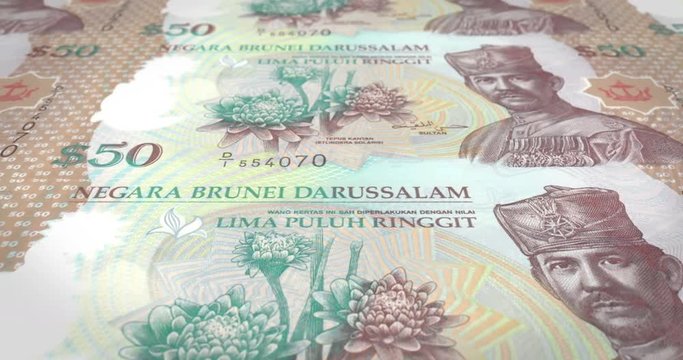 Banknotes of fifty ringgits or bruneian dollars rolling, cash money, loop