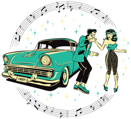 Teddyboy and a rockabilly pinup chick dancing in front of a hotrod isolated on a white background - obrazy, fototapety, plakaty