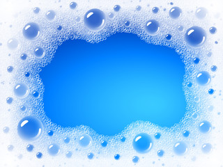 Soap foam overlying on the background of a blue water color. Transparent vector frame - 141814211