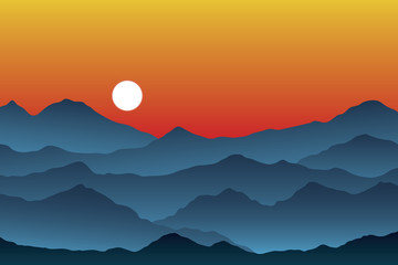 Mountain Range Layers at Sunset - Vector Illustration