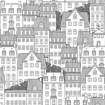 Hand drawn seamless pattern of Danish style houses
