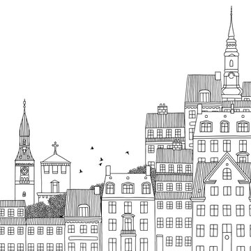 Hand drawn black and white illustration of Copenhagen, Denmark with empty space for text