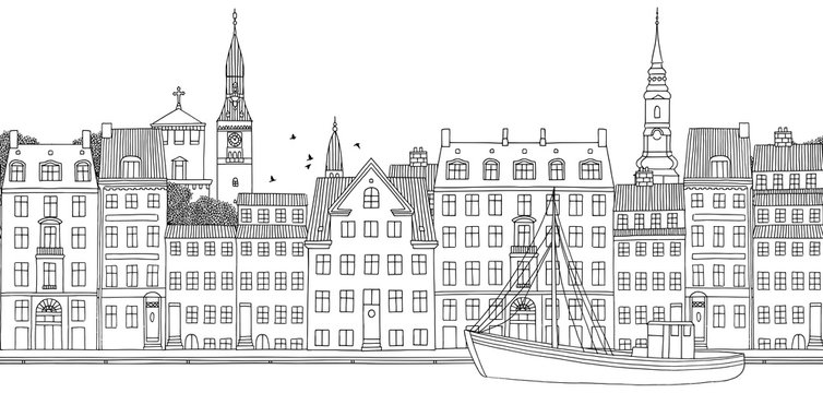 Copenhagen, Denmark - Seamless banner of the city’s skyline, hand drawn black and white illustration