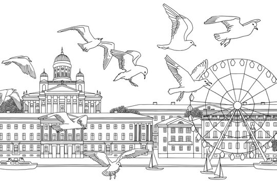 Birds over Helsinki - hand drawn black and white illustration of the city with a flock of seagulls