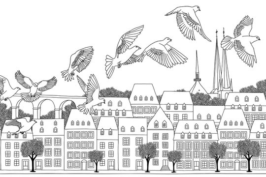 Birds over Luxembourg - hand drawn black and white illustration of the city with a flock of pigeons