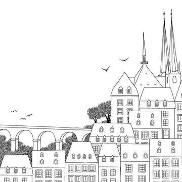 Hand drawn black and white illustration of Luxembourg City with empty space for text