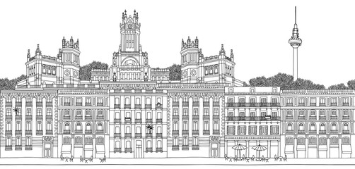 Madrid, Spain - Seamless banner of the city’s skyline, hand drawn black and white illustration