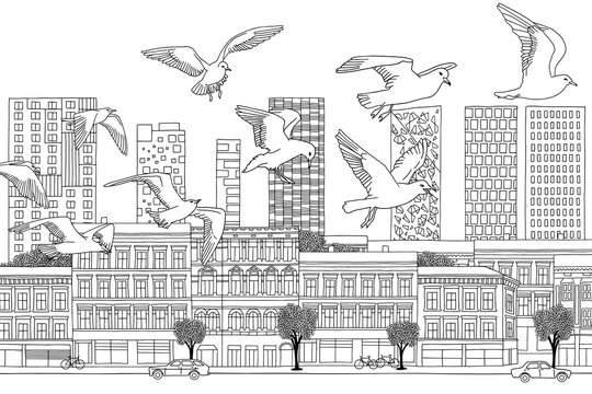 Birds over Oslo - hand drawn black and white illustration of the city with a flock of seagulls