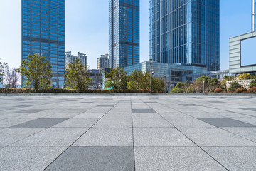 empty brick floor with cityscape and skyline