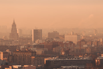 Close-up shooting from high point of metropolitan city: residential buildings and districts...