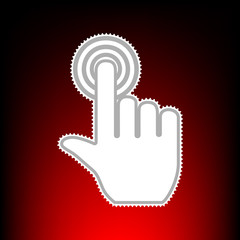 Hand click on button. Postage stamp or old photo style on red-black gradient background.