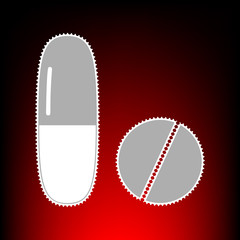 Medical pills sign. Postage stamp or old photo style on red-black gradient background.