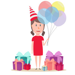 Girl holds in hands balloons. Children's birthday