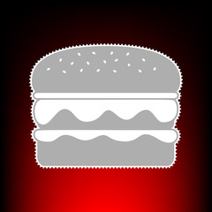 Burger simple sign. Postage stamp or old photo style on red-black gradient background.