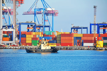 Tugboat and port cargo crane