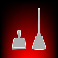 Dustpan vector sign. Scoop for cleaning garbage housework dustpan equipment. Postage stamp or old photo style on red-black gradient background.