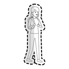 happy pretty young woman with backpack icon image vector illustration design 