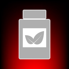 Supplements container sign. Postage stamp or old photo style on red-black gradient background.