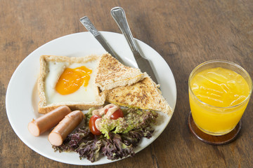 morning breakfast set on wooden table