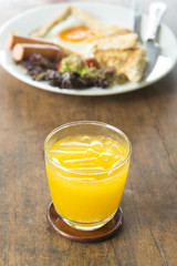 morning breakfast set on wooden table