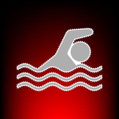 Swimming water sport sign. Postage stamp or old photo style on red-black gradient background.