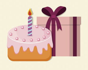 cake and gift box. happy birthday concept. colorful design. vector illustration
