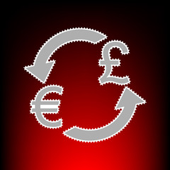 Currency exchange sign. Euro and UK Pound. Postage stamp or old photo style on red-black gradient background.