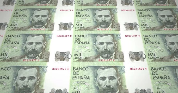 Banknotes of one thousand spanish pesetas of Spain, cash money, loop