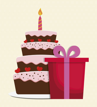 cake and gift box. happy birthday concept. colorful design. vector illustration