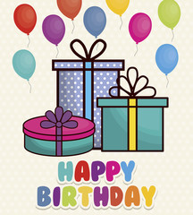 happy birthday card with gift box and balloons. colorful design. vector illustration