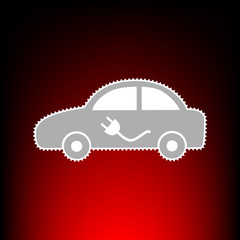 Electric car sign. Postage stamp or old photo style on red-black gradient background.