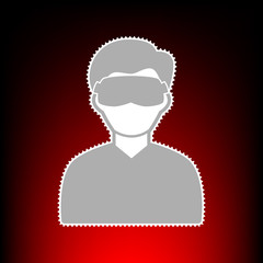 Man with sleeping mask sign. Postage stamp or old photo style on red-black gradient background.