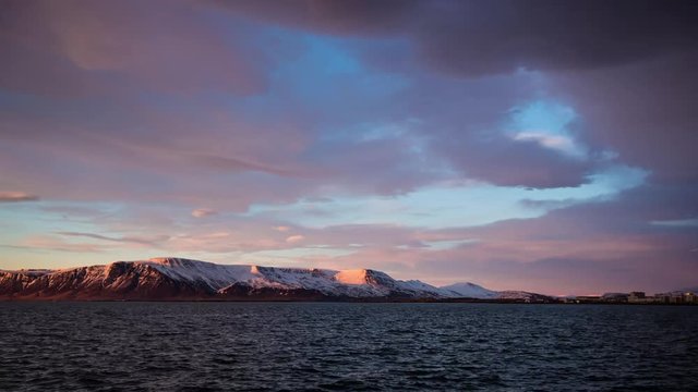 Sunset timelapse of Mount Esja in Iceland.