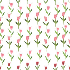 Fototapeta na wymiar Hand drawn watercolor pink pastel tulips seamless pattern