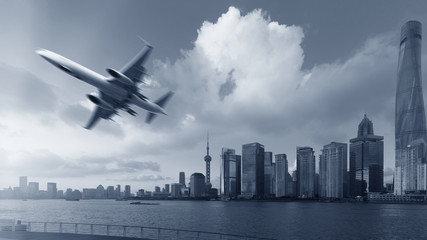 Shanghai's city skyline and aircraft