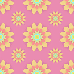 Obraz premium Abstract seamless pattern with colored flowers. Paper flowers background. Vector illustration.