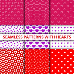 Collection seamless geometric patterns with hearts. Vector illustration.